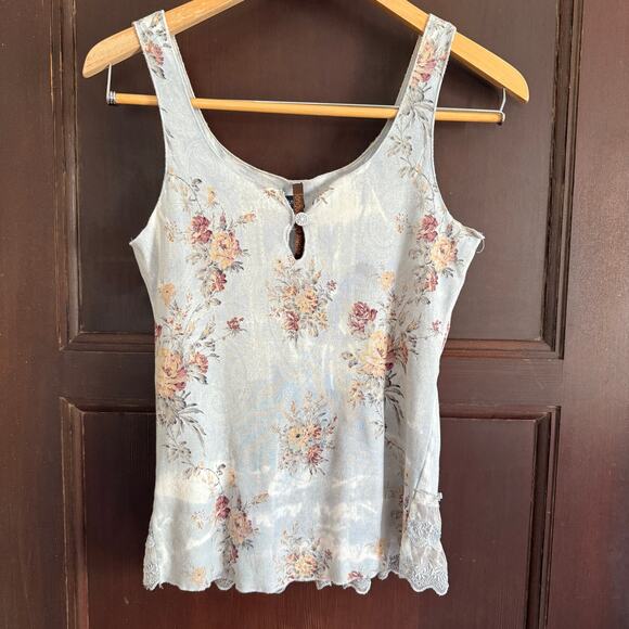 LANGUAGE Los Angeles | Pastel Blue Floral Boho Tank Top with Lace back | Small - Picture 1 of 6